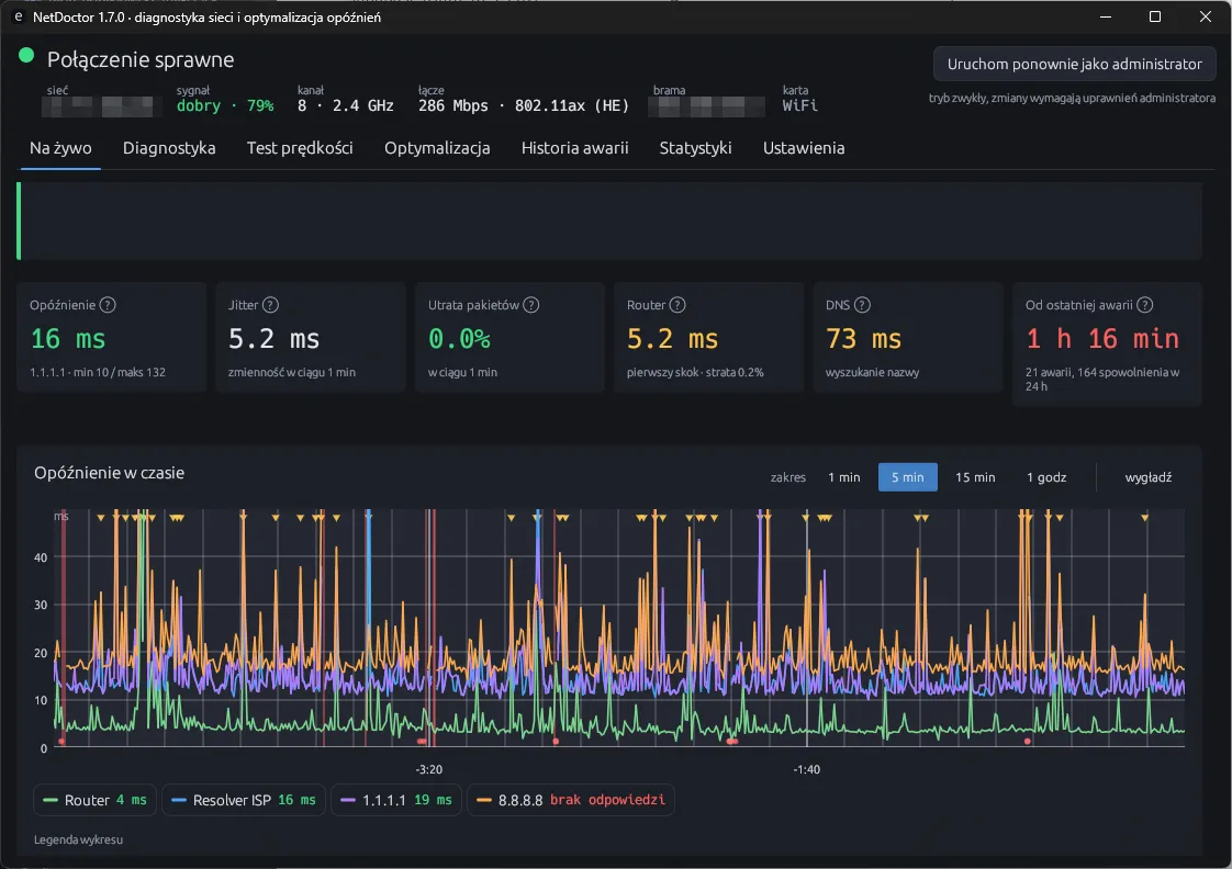 NetDoctor live view with connection status, latency, jitter, packet loss and a latency chart for the router and public resolvers